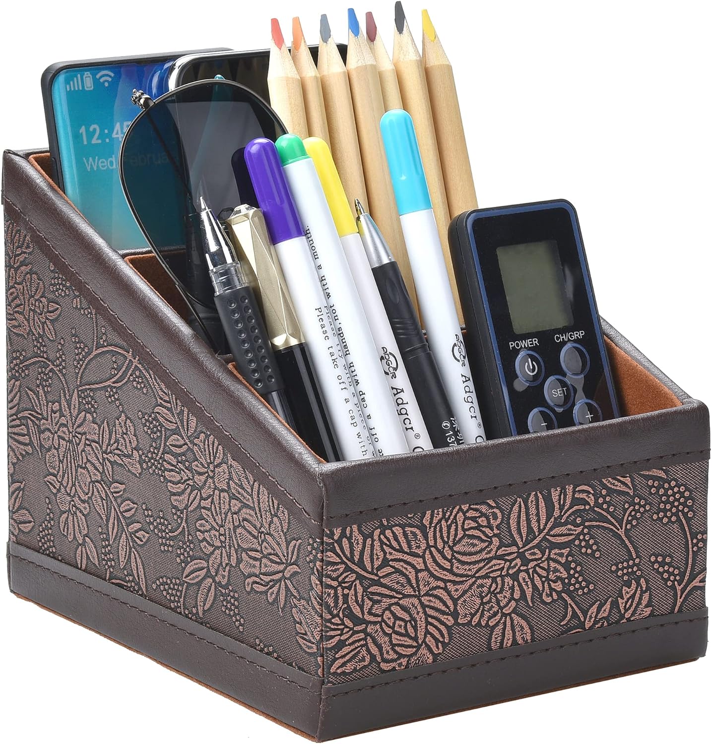 Amazon Bivisen PUレザーリモコンホルダー レトロフラワーリモートコントロールキャディ 3スロットコンパートメント 多機能デスクトップストレージ オフィスデスクトップ