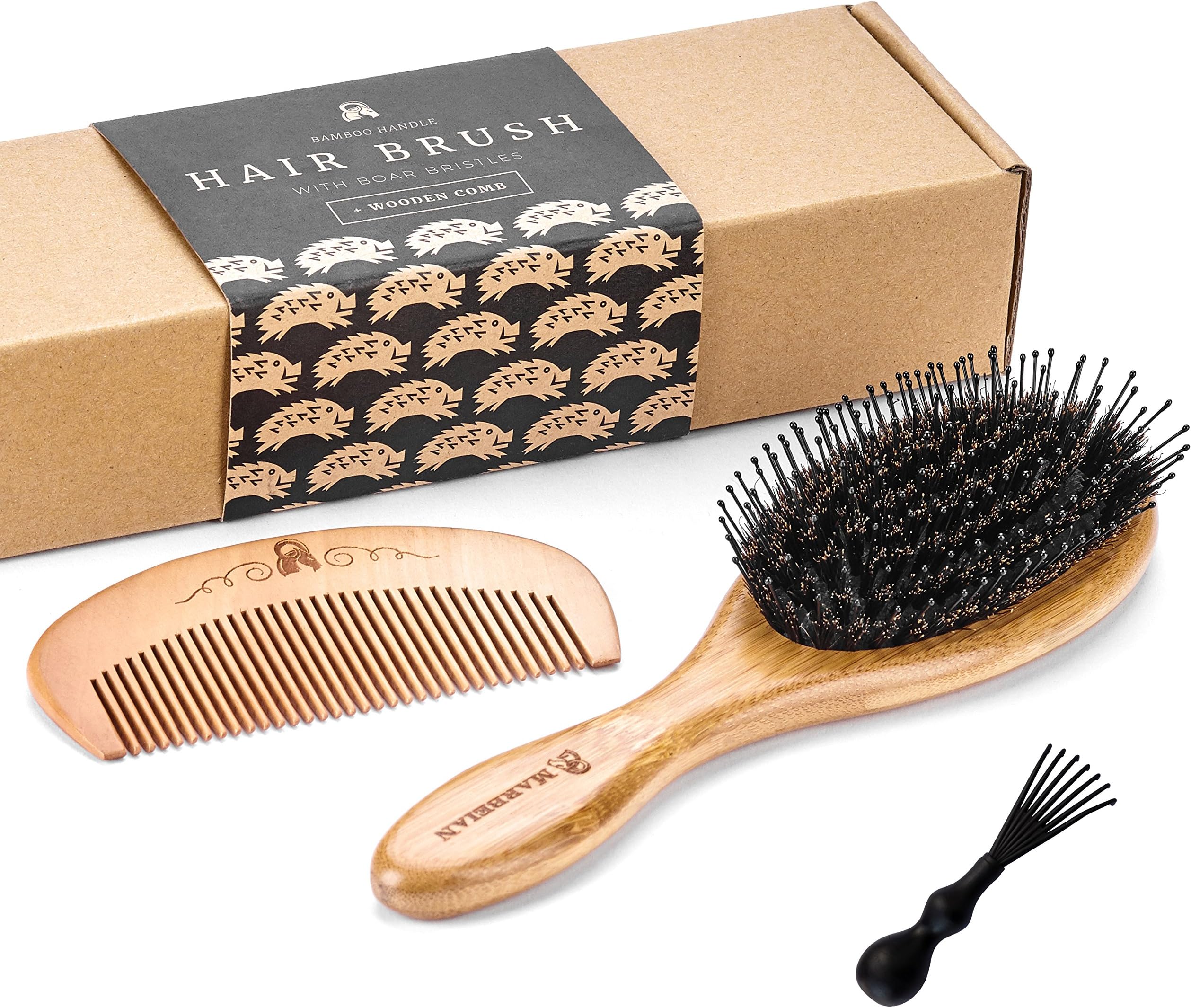 Boar Bristle Hair Brush for Women with Nylon Detangle Pins. Makes Hair Shiny and Silky. Comes With a Wooden Comb