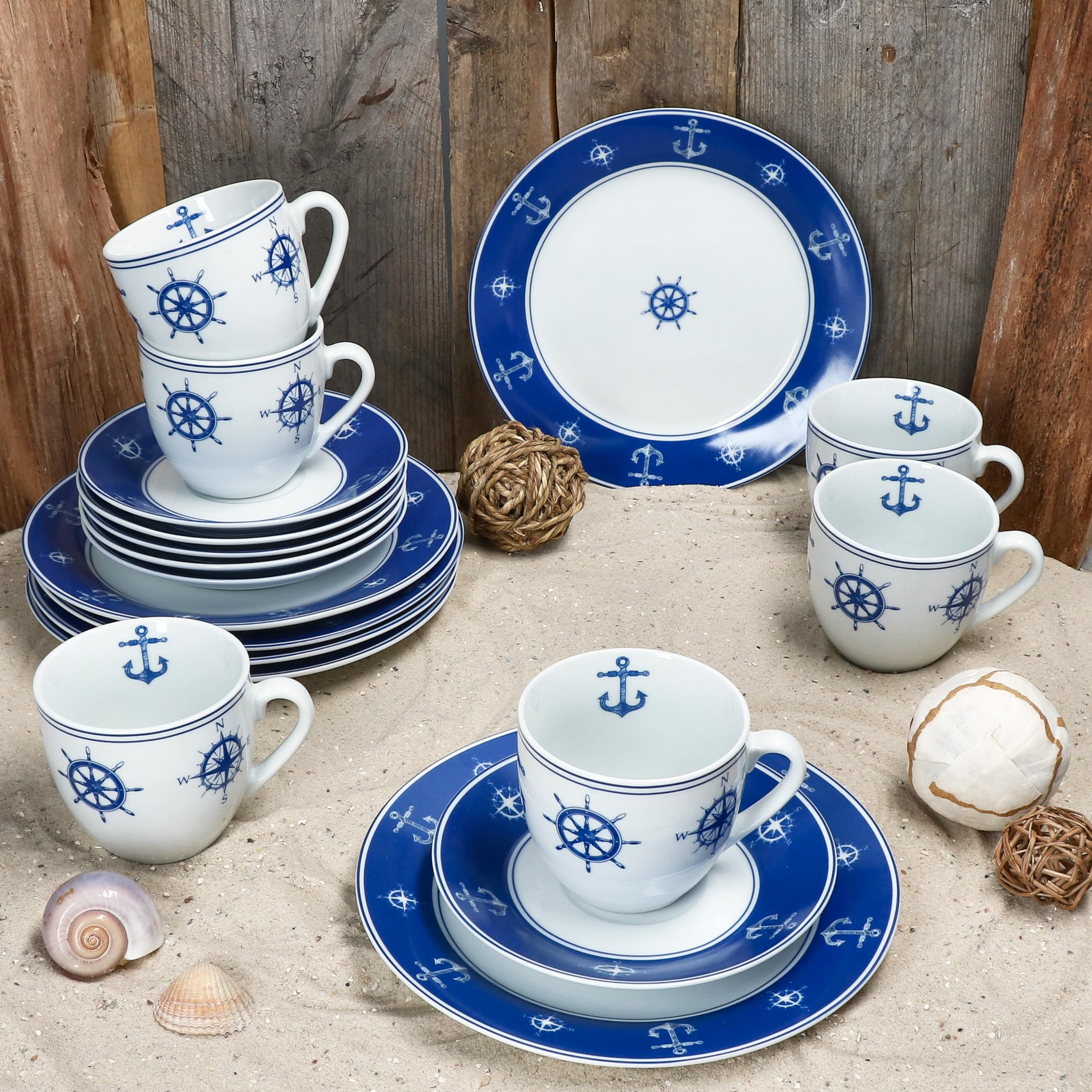 MamboCat AHOI 18tlg Kaffeeservice I blau-weißes Porzellan-Geschirr mit nautischen Motiven Anker & Co für 6 Personen I Je 6X Tassen 200ml, Untertassen & Teller für Frühstück & Kaffee
