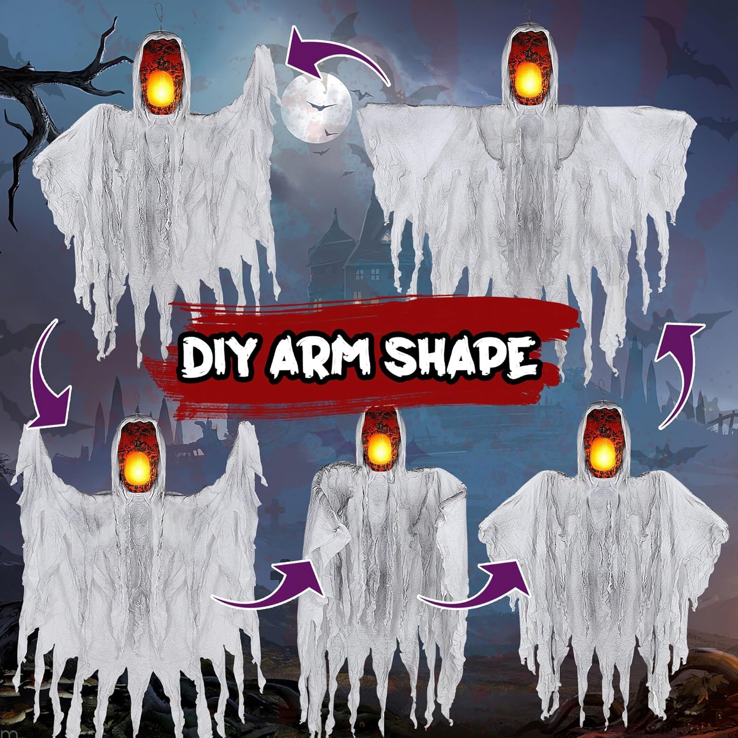 Joliyoou 55" Halloween Hanging Ghost Props, Sound-Activated Faceless Grim Reaper with Eerie Yelling & Light Up Ghostfire Head for Haunted House Horror Parties Indoor Outdoor Decorations, White