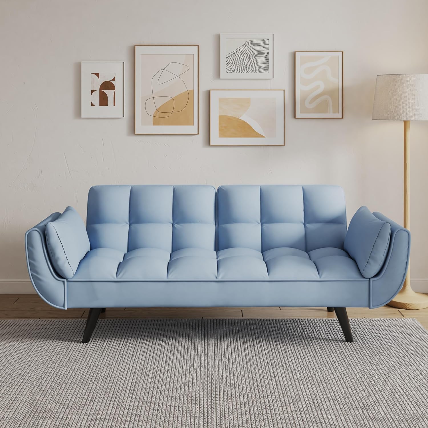 74" Convertible Sofa Bed with Adjustable Backrest, 2 Seat Futon Sleeper with Two Armrests & Throw Pillow for Small Spaces, Apartment, Living Room, Bedroom (Antique Navy Blue)