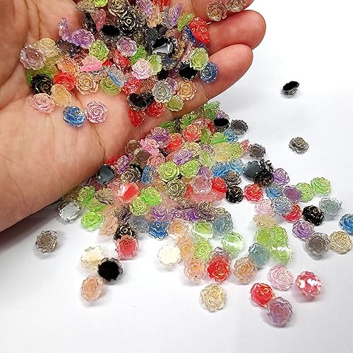 Miniatura 6 de 200 mini flores para manualidades, rosas pequeñas de resina en forma de cuentas planas para hacer joyas, adornos de manualidades