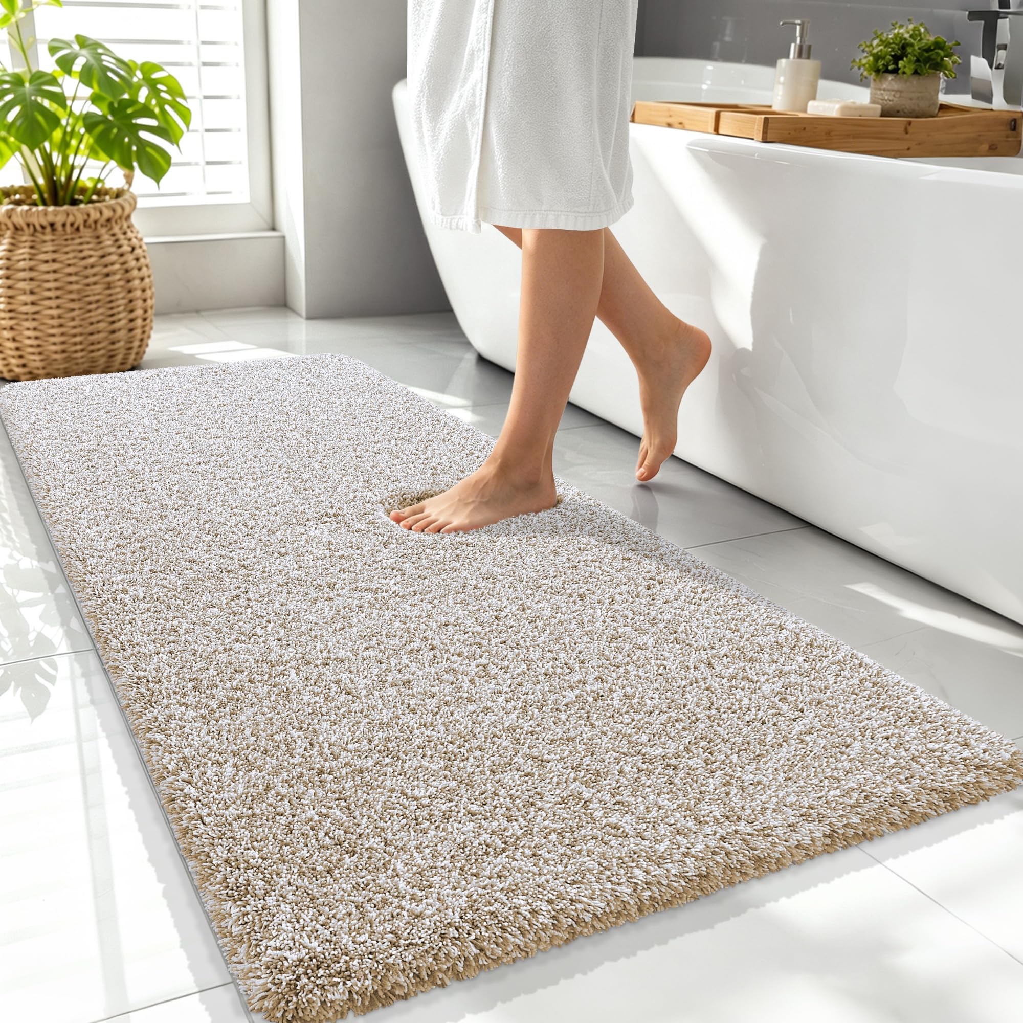 OLANLY Microfiber Bathroom Rugs 47x24, Quick Dry Bath Mat, Beige and White