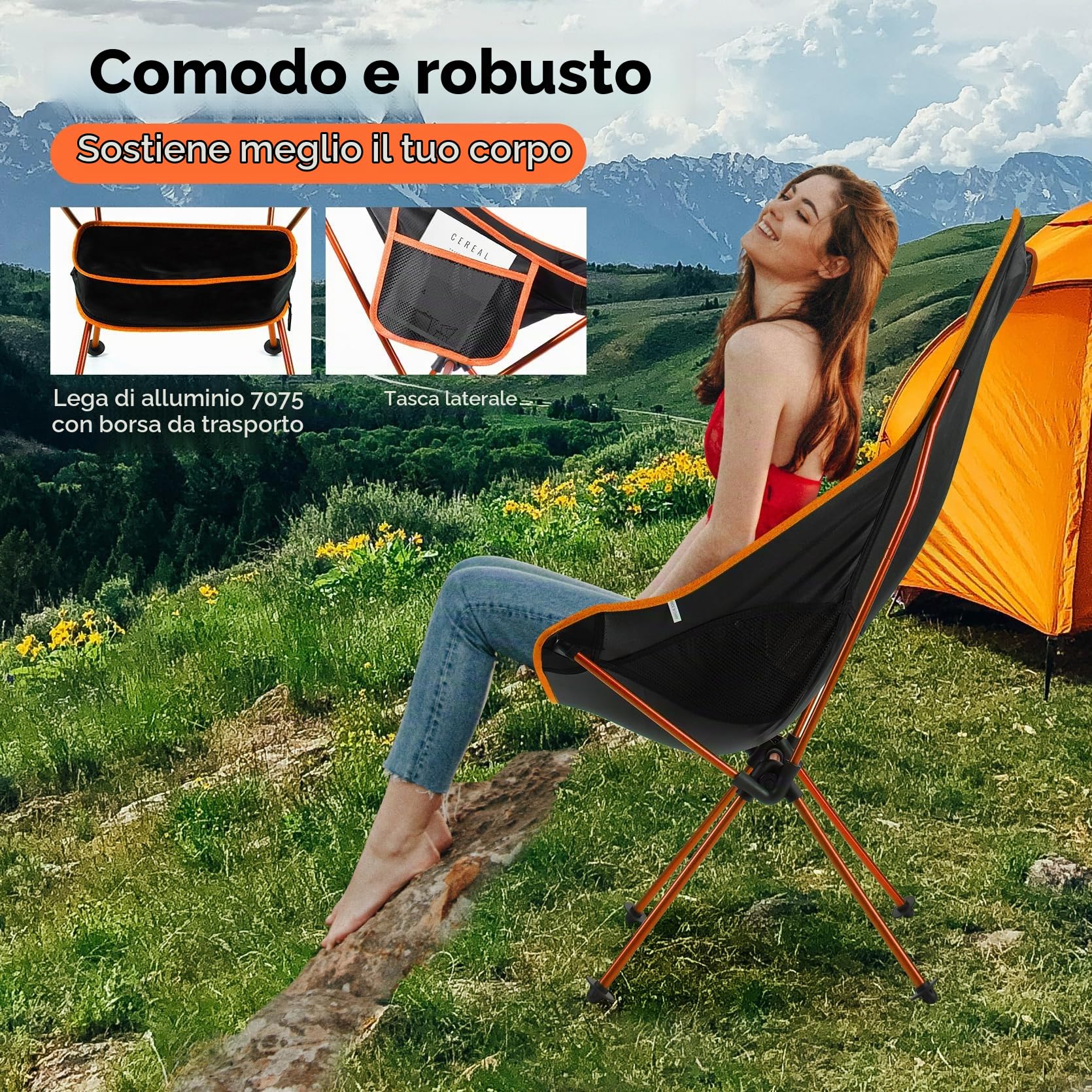 SOPPY Confezione da 2 sedie da campeggio pieghevoli con schienale alto, portatili e leggere, con tasca laterale e borsa per il trasporto, per escursioni, viaggi, picnic, pesca, arancione