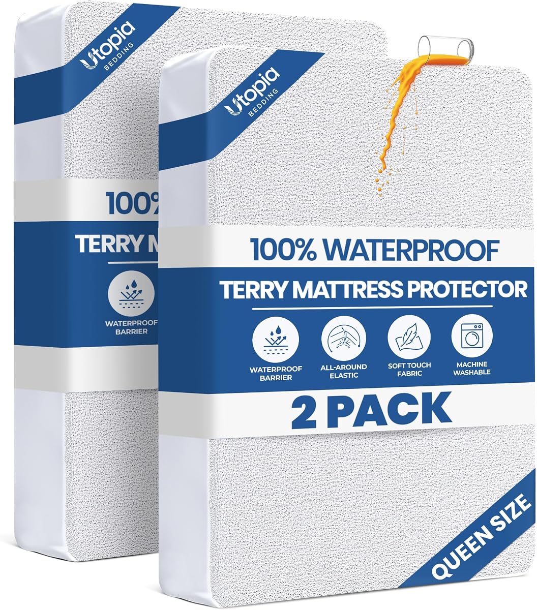 Protector de colchón Queen impermeable, paquete de 2, se adapta a colchones de hasta 17" de profundidad | Utopia Bedding Funda de colchón suave y transpirable de 200 g/m², a prueba de suciedad, silenciosa, lavable a máquina, estilo sábana ajustable, color blanco