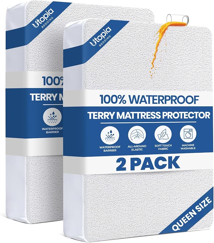 Protector de colchón Queen impermeable, paquete de 2, se adapta a colchones de hasta 17" de profundidad | Utopia Bedding Funda de colchón suave y transpirable de 200 g/m², a prueba de suciedad, silenciosa, lavable a máquina, estilo sábana ajustable, color blanco