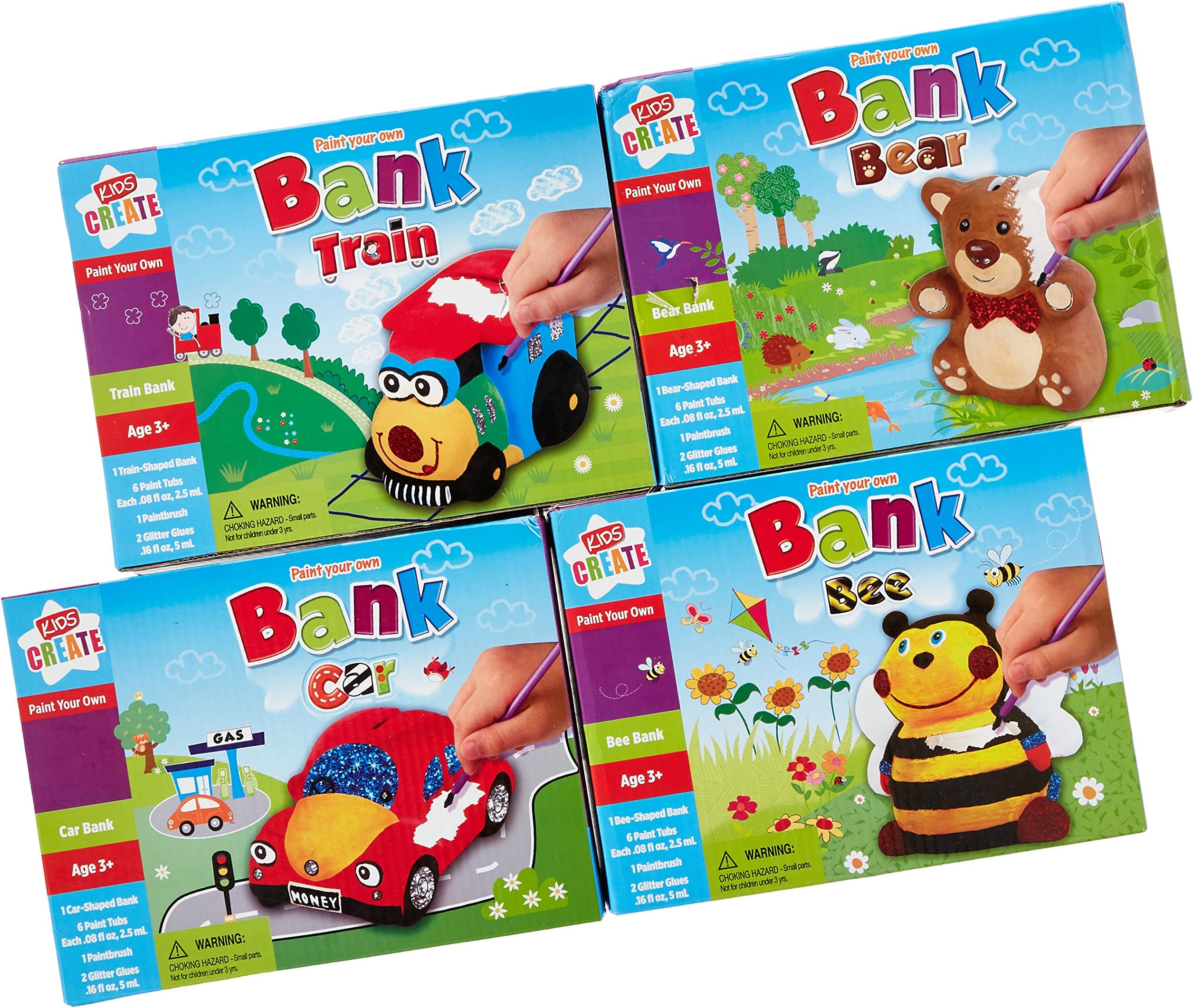 Kids Create Craft Kits for Kids Toy Banks Set of 4 Bee, Bear, Train, Car Piggy Bank Ceramic Painting Kit DIY Crafts for Kids