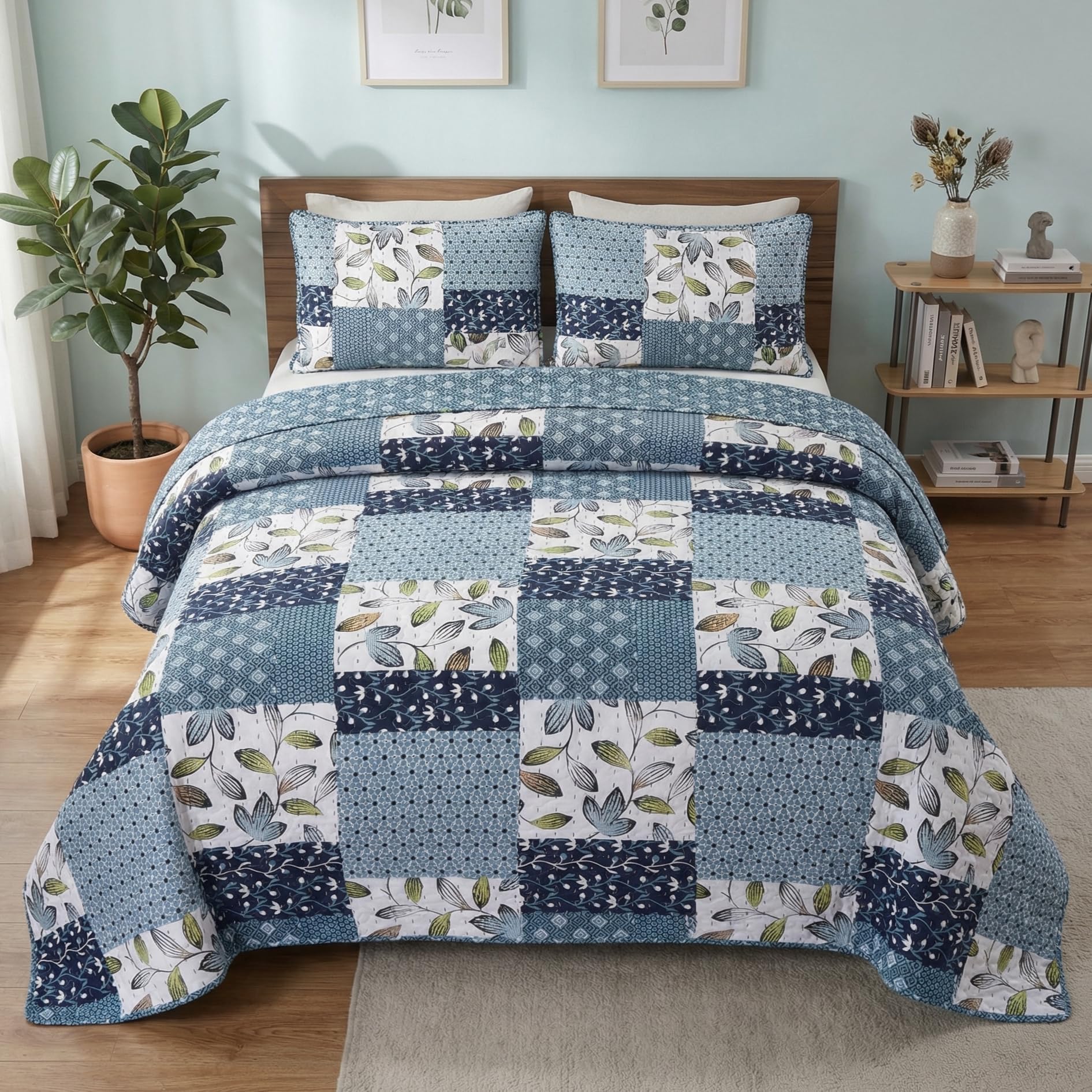 SLPR Pacific Coast 2-Piece Quilt Set - Twin Size with 1 Sham, Lightweight Quilted Bedspread, Blue and White Floral Patchwork Design, Soft All-Season Bedding for Farmhouse and Bohemian Decor