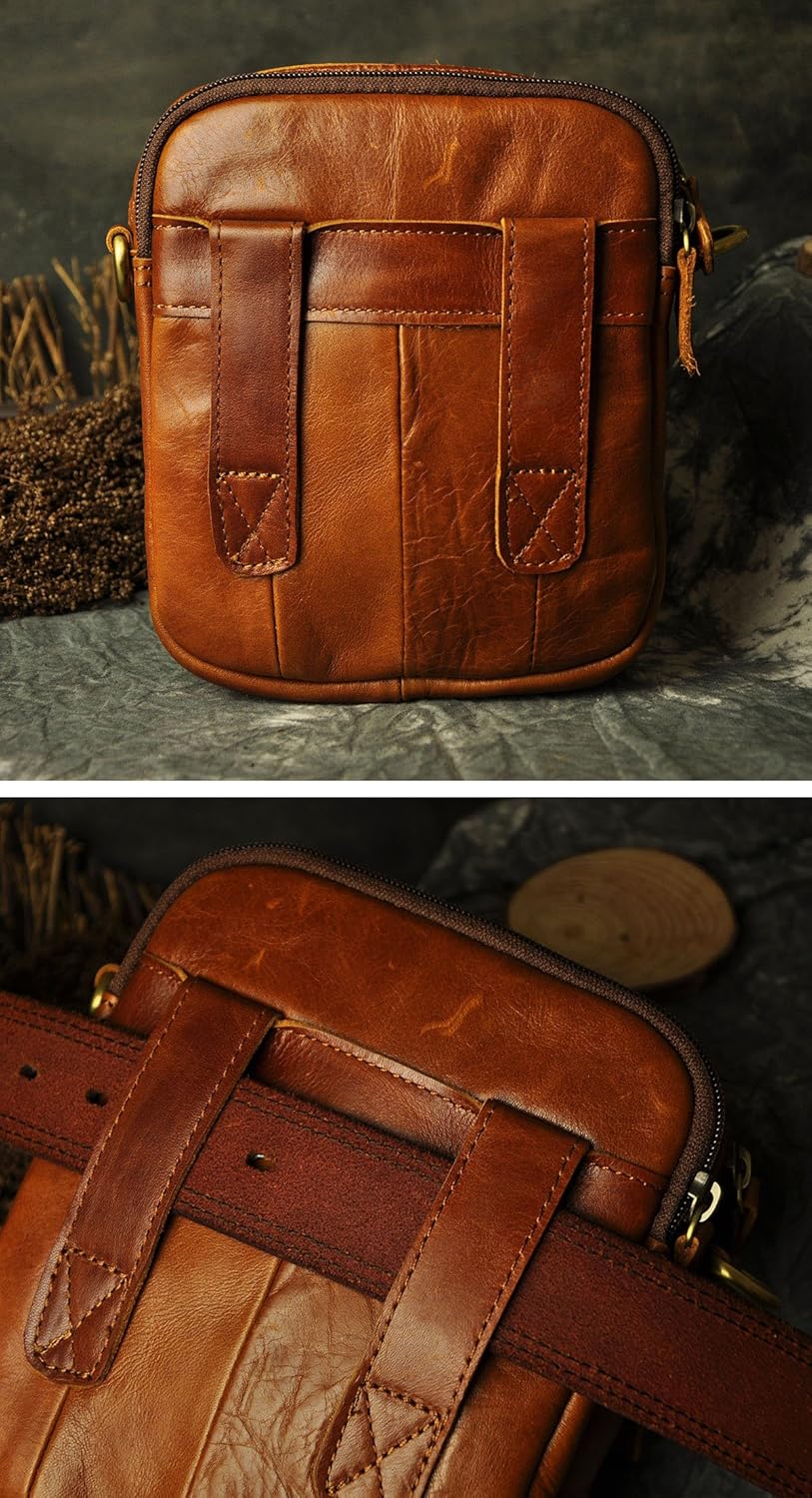 Le'aokuu Men Genuine Leather Waist Pack Hip Bum Small Messenger Tactical Bag B210 (Light Brown)
