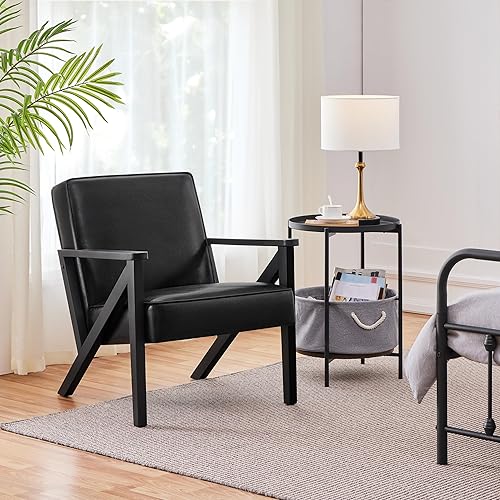 Miniatura 4 de Yaheetech Silla decorativa, silla de lectura de piel sintética, silla moderna de mediados de siglo con marco de madera maciza para sala de estar,