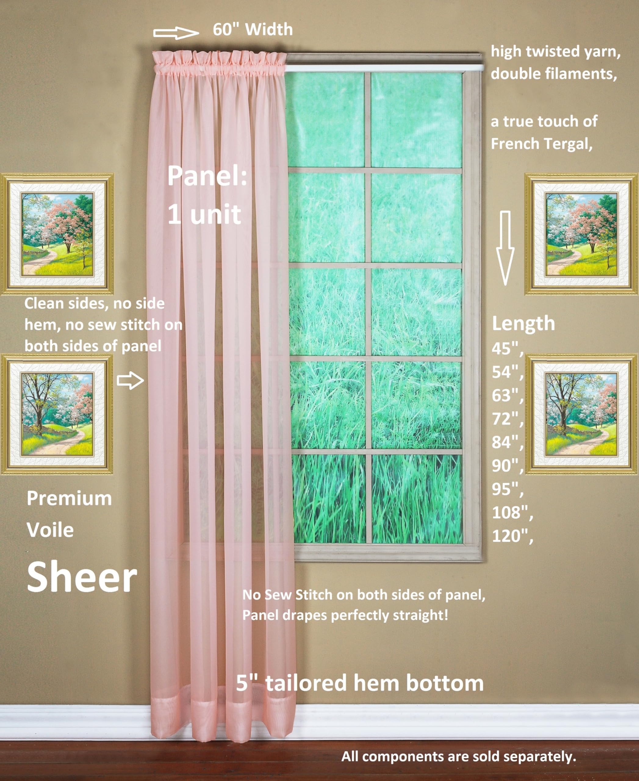 Today's Curtain Emelia Original Voile Panel 84", Rose, 60" W x 84" L, W 60" x L 84" (1 Panels) - Image 2