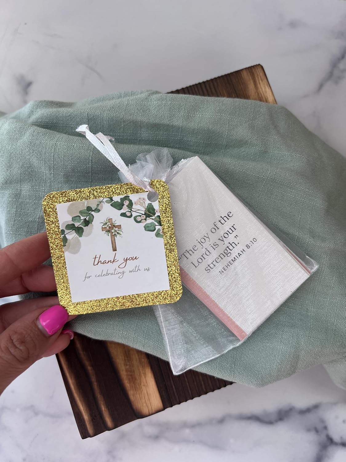 Viva's Flower Shop Baptism Party Favors | Set of 10, Ready to Gift | First Communion Favors for Guests | Confirmation Favors | Organza Bag & Custom Tag | Recuerdos de Bautizo (Not Personalized)