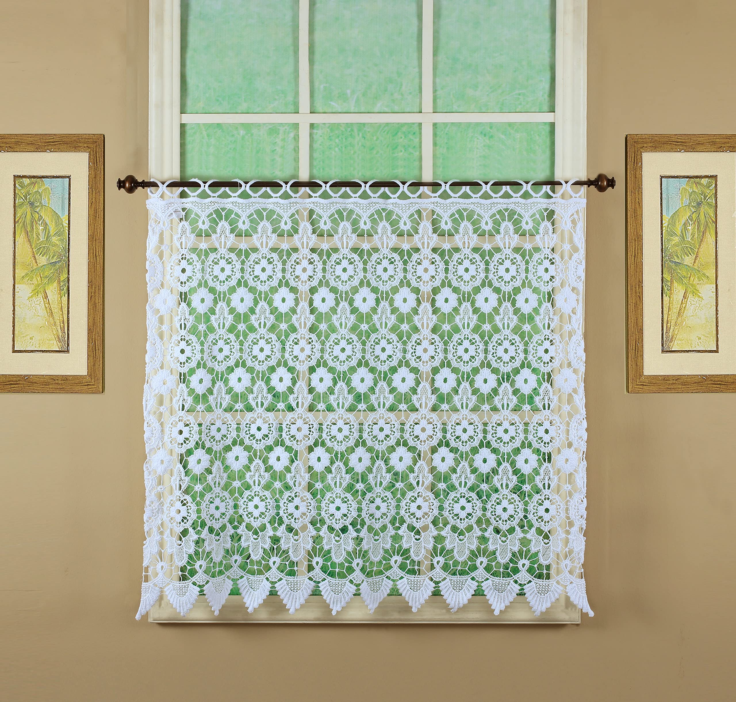 Cenefa de macramé de 91 cm blanca Medallion para decorar su cocina con encanto