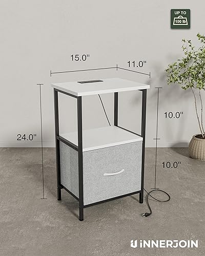 Miniatura 2 de Mesa auxiliar con almacenamiento, mesita de noche LED con estación de carga A & C, mesas auxiliares, sala de estar, mesita de noche para dormitorio