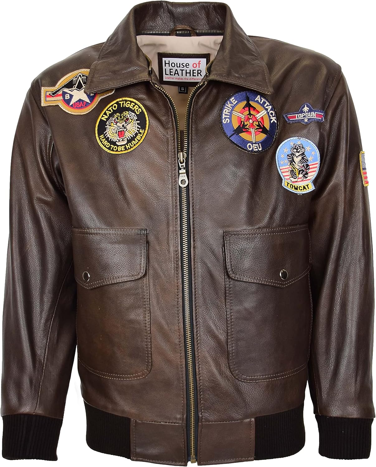 Mens Real Leather Bomber Jacket Air Force Pilot Style Lester Brown