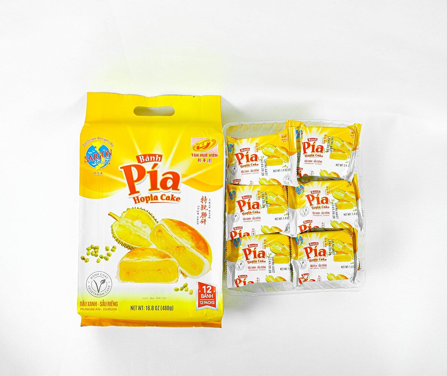Banh Pia Pia Cake Classic Hopia Cake Tan Hue Vien &ndash; Saigon Gourmet, Mungbean and Durian Flavor, 16.8 Oz, [Pack of 1]