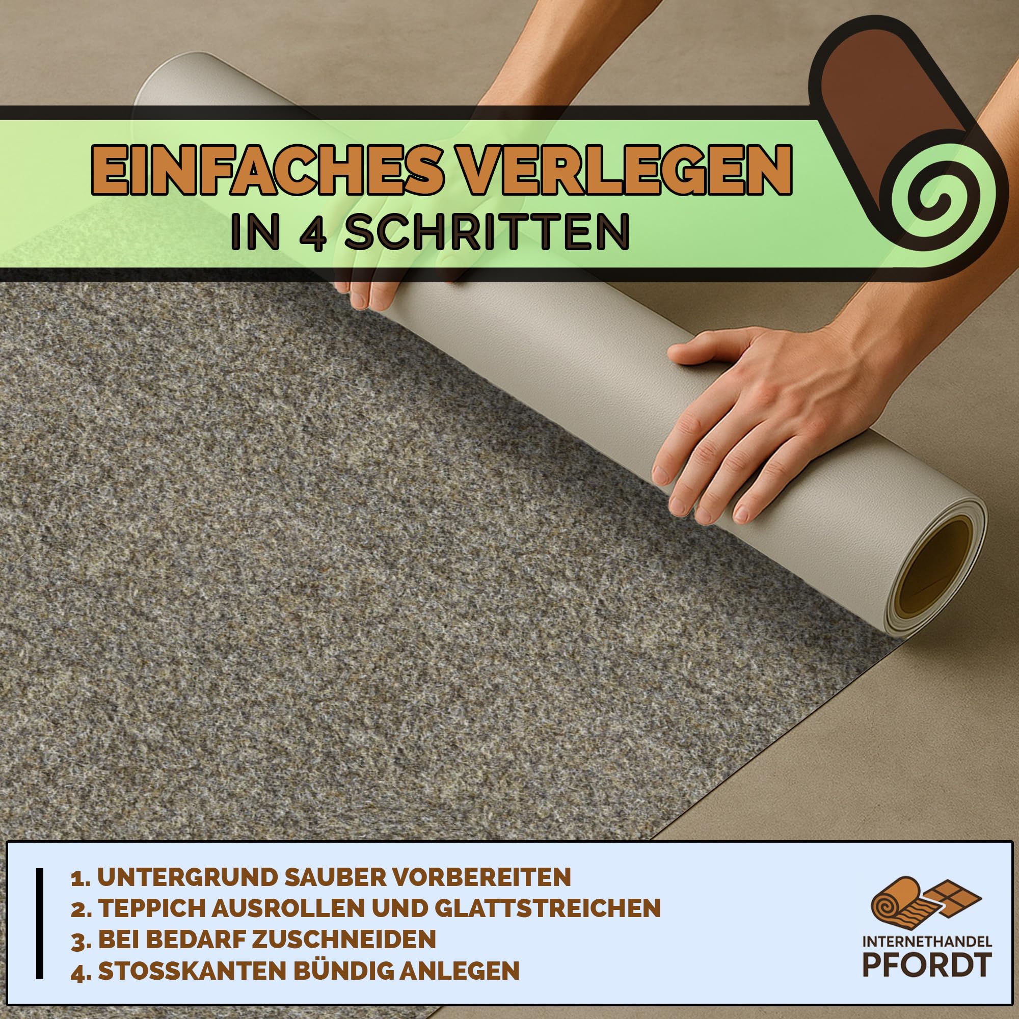 Nadelfilz Teppichboden Beige, 300x200 cm, robuster Nadelvlies Bodenbelag, stuhlrollengeeignet, Meterware für Gewerbe, Büro und Treppe