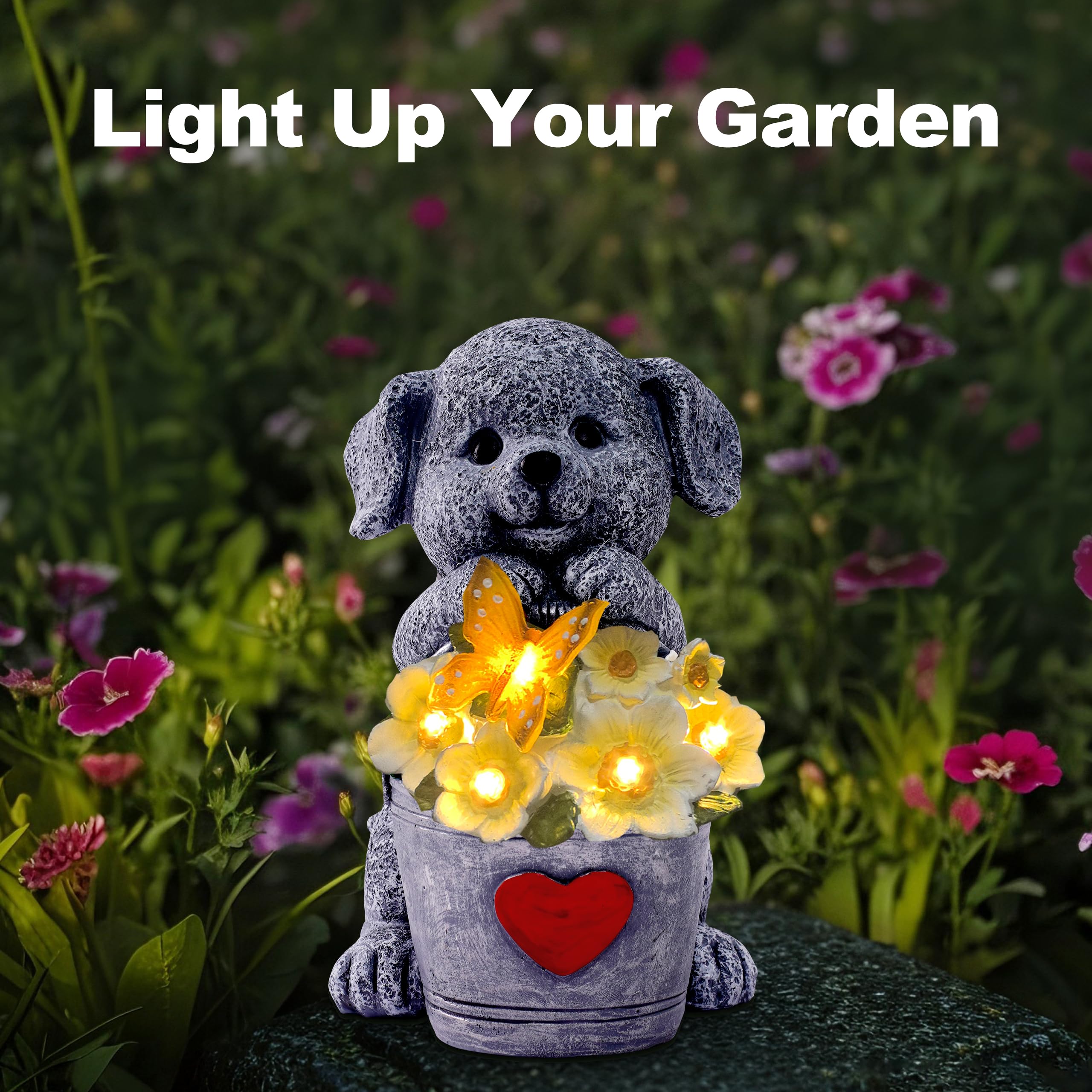 OTAVILEM Statue solari a forma di cane per decorazione da giardino, statuette di cani da esterno con secchio per cortile, patio, prato, balcone, ornamenti, regali da giardino per la festa della mamma