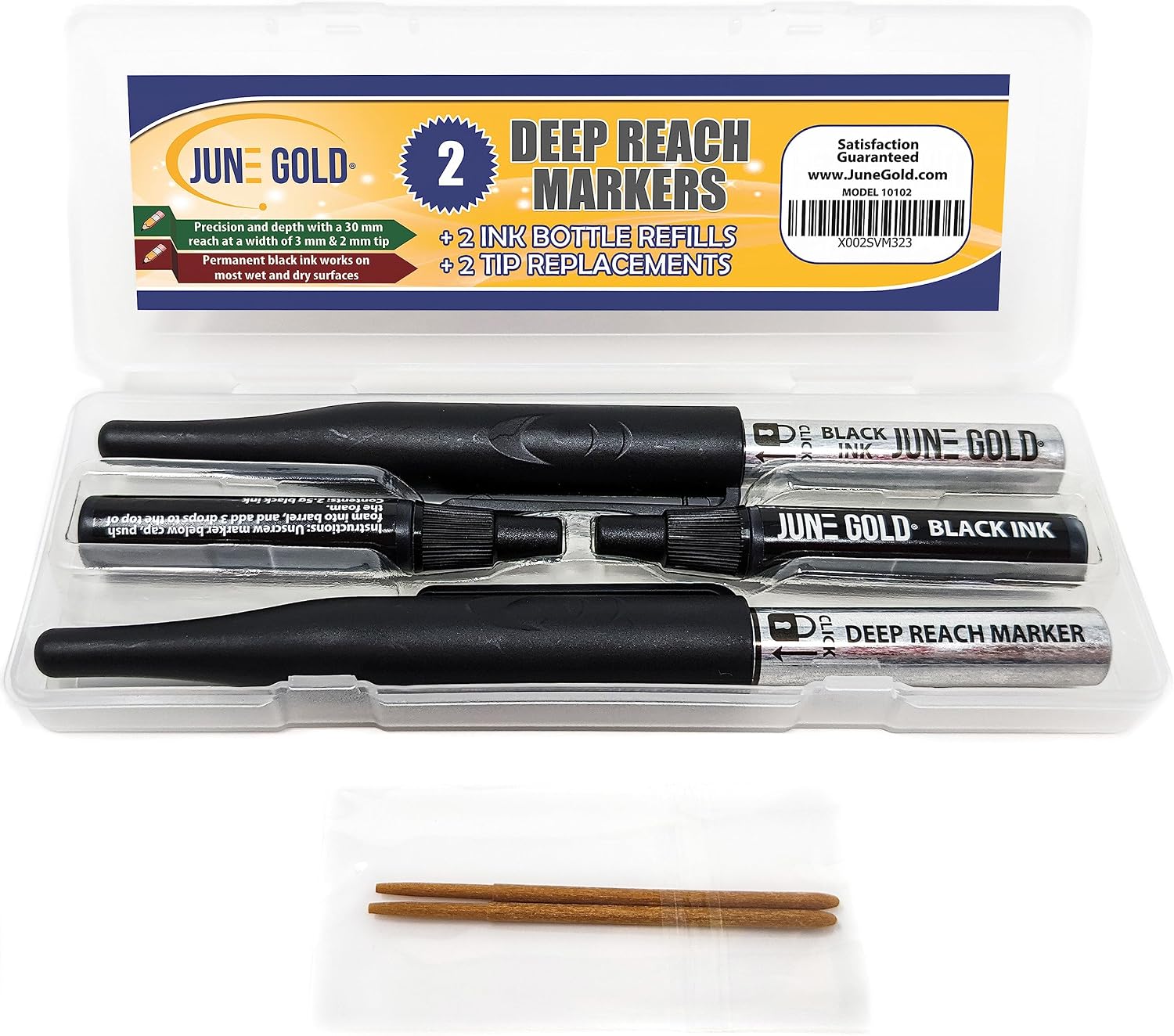 June Gold 2 Black Deep Reach Markers, 2 Ink Refills, 2 Tip replacements, 1 2.8 mm Pencil, and 72 Color Pencil Refills
