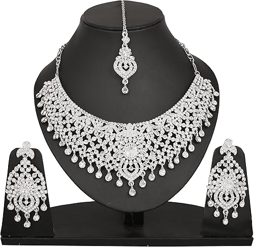Touchstone Indian Bollywood Masterly Created Sparkling Rhinestones Studded Look Grand Bridal Jewelry Necklace Earrings Mangtika Set In Silver or White or Gold Tone For Women.(D303 White)