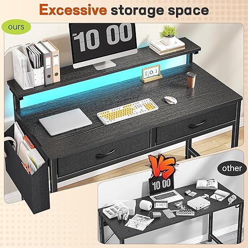 Miniatura 7 de Escritorio para juegos con luces LED y 2 cajones de tela, escritorio para computadora de oficina en casa de 39.4 pulgadas con bolsillo lateral y