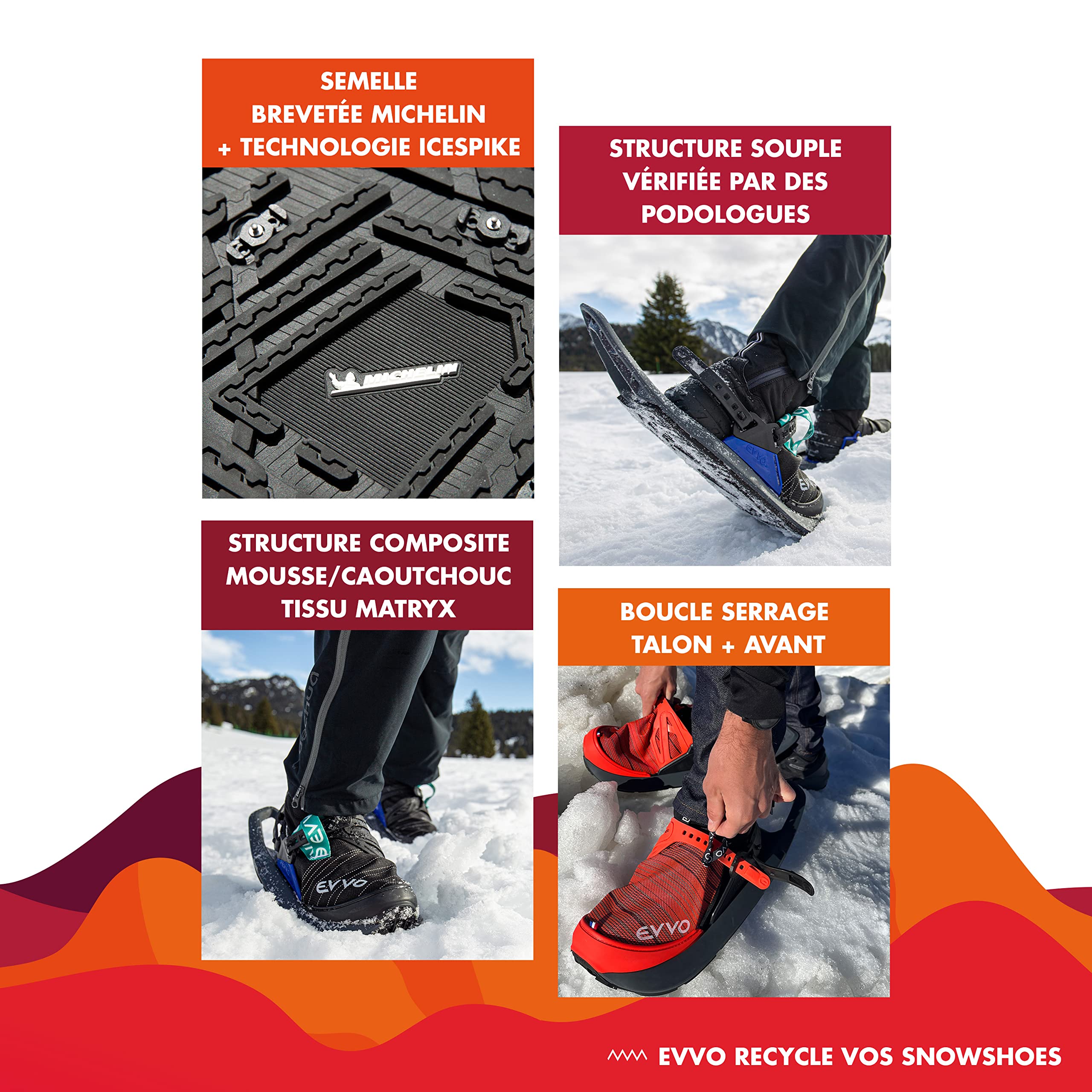 EVVO - Originale - Raquette à Neige Made in France avec Semelles Cloutées Michelin®, Fixations Réglables, pour Homme et Femme avec Sac de Transport Inclus, Tout Terrain, Randonnée Neige