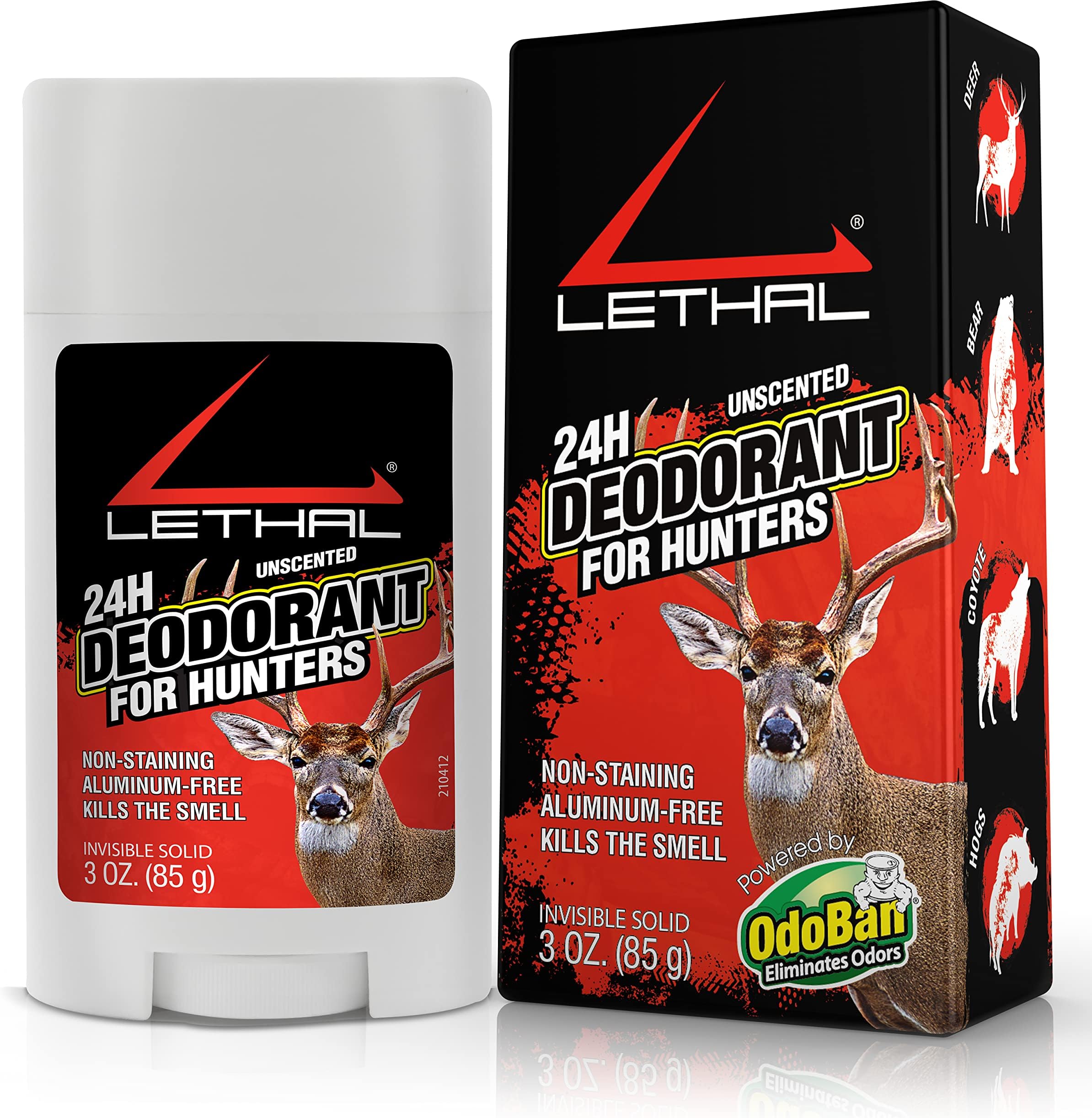 LETHAL 24 Hour Deodorant Stick for Hunters, Unscented, 3oz Invisible Solid