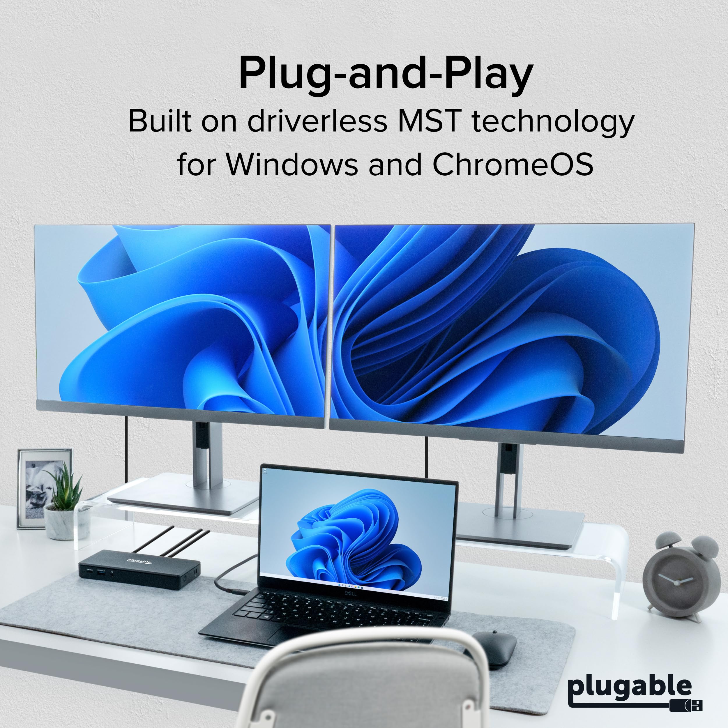 Plugable UD-MSTH2 Station d'accueil USB C double moniteur 2 ports HDMI, station de distribution d'alimentation, double moniteur 4K pour Windows, ChromeOS, 1 port USB-C, 3 ports USB, Ethernet et audio