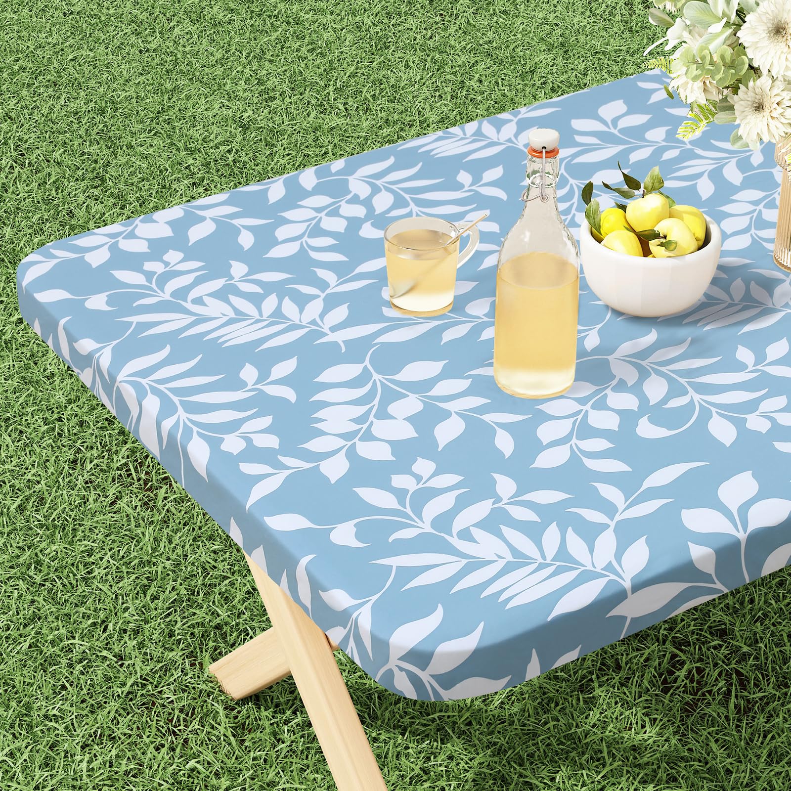 misaya Rectangle Vinyl Tablecloth, Fitted Table Cover, 100% Waterproof, Elastic Edge, Flannel Backing, Plastic Table Cloth Fit 8 Foot Folding Tables
