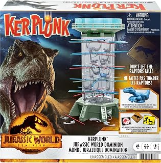 Mattel Games Jurassic World Toys Dominion Kids & Family Game with Velociraptor Dinosaurs, Tower, Sticks, Die & Stickers