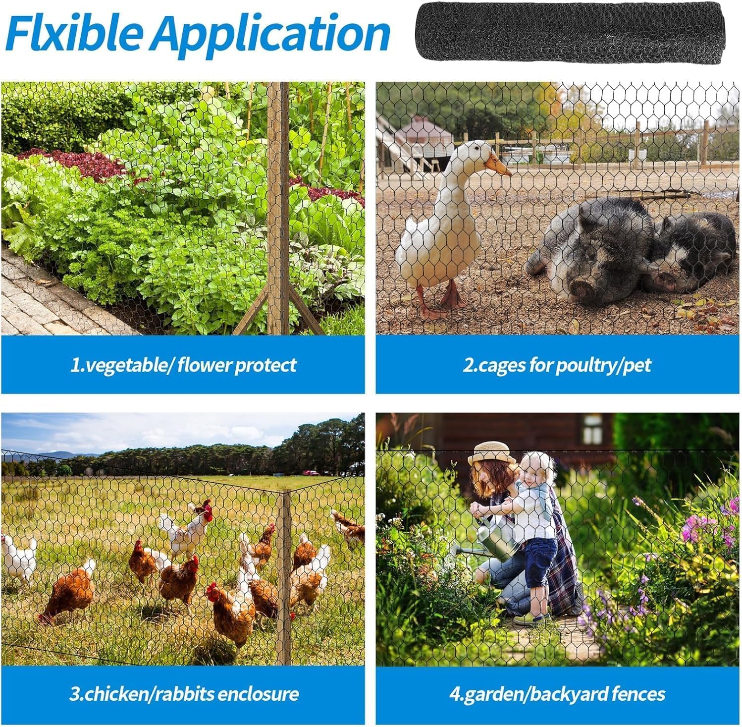 24'' x 100' Black Chicken Wire Mesh Fence, 15 Gauge Poultry Netting and 2 inch Mesh Fence Roll, Chicken Wire for Floral Arrangements/Crafts/Farm/Livestock/Pet Protection