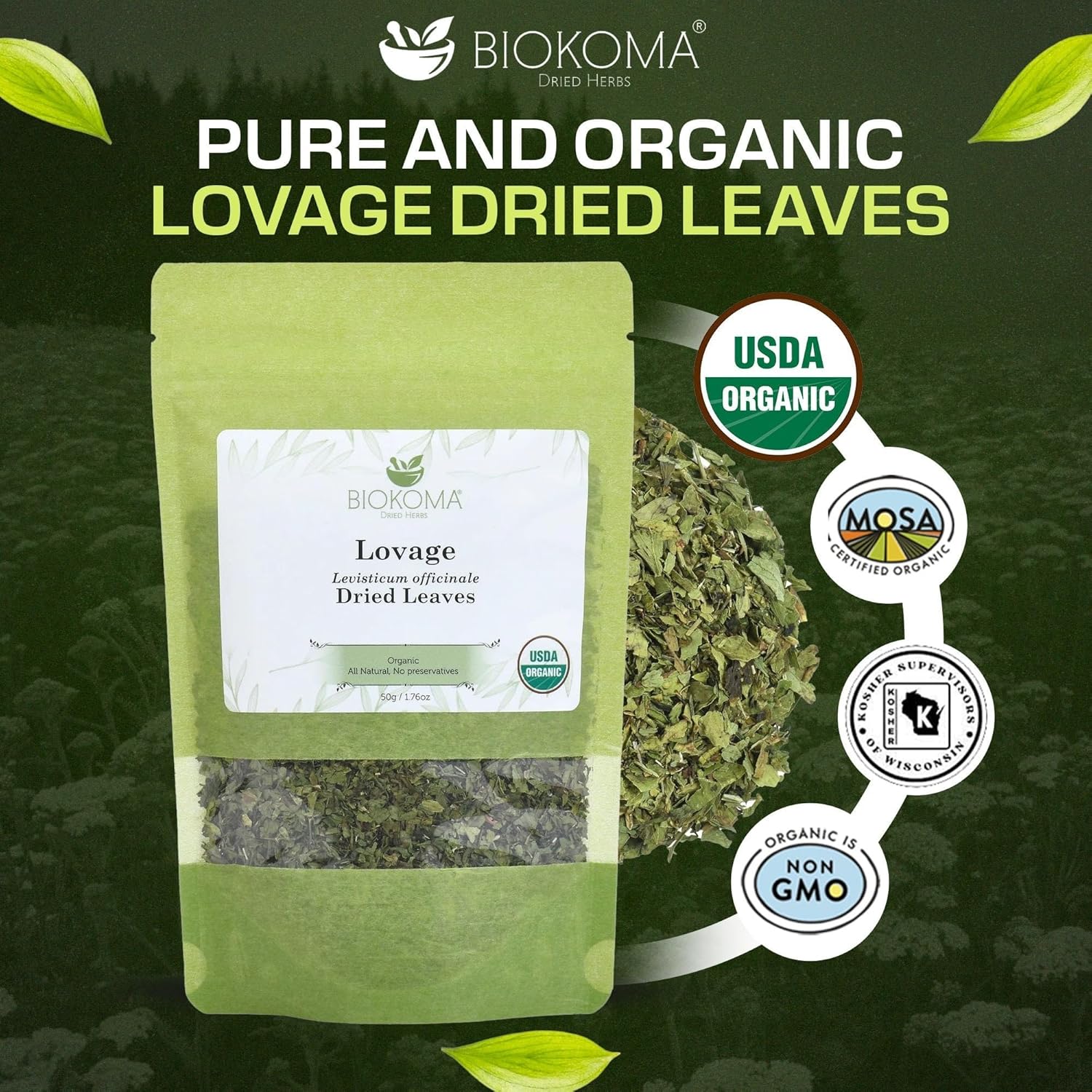 Biokoma Organic Lovage Dried Leaves 50g (1.76oz) In Resealable Moisture Proof Pouch, USDA Certified Organic - Herbal Tea, No Additives, No Preservatives, No GMO, Kosher - Image 3
