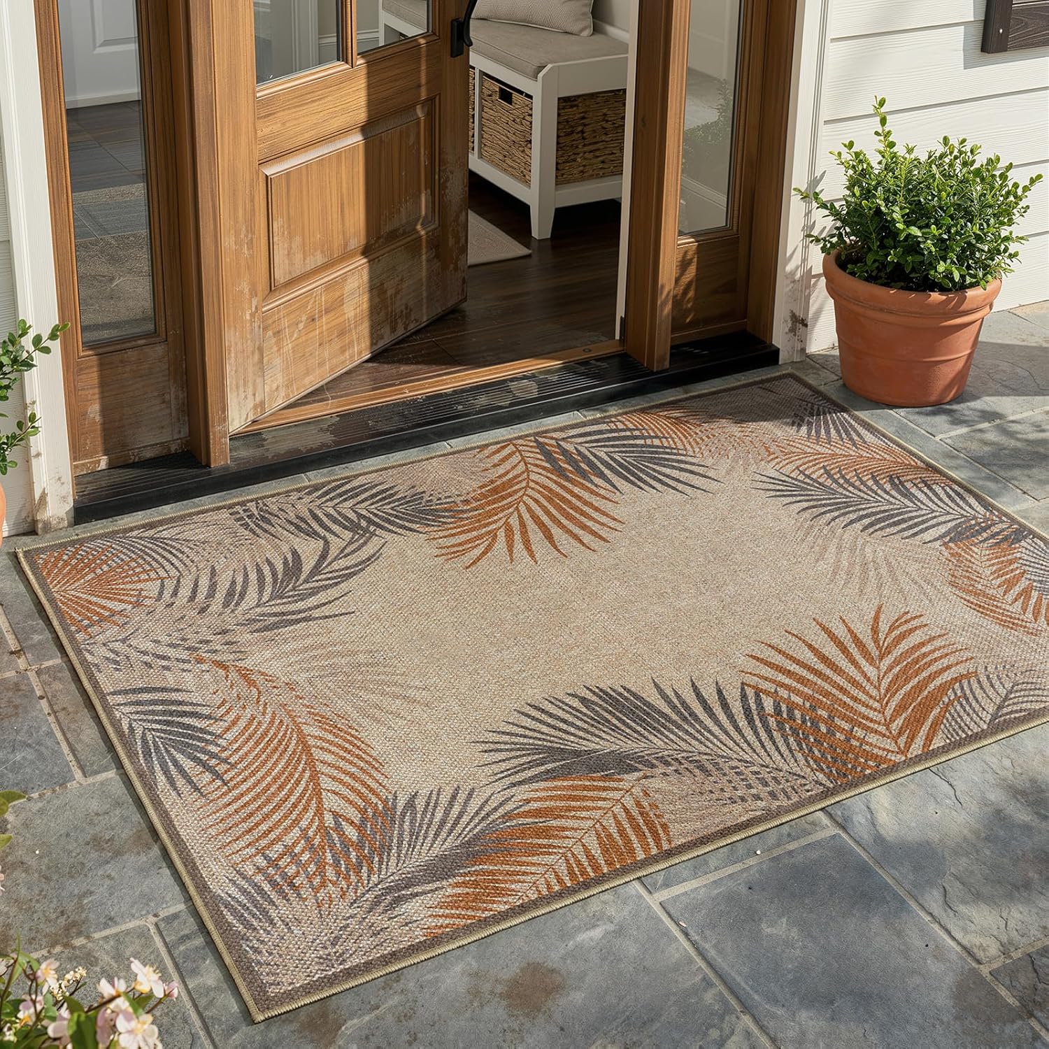 LIVEBOX Easy Jute 28''x43'' Front Porch Rug, Outdoor Non Slip Washable Kitchen Rug Modern Tropical Leaf Area Rugs Floor Hello Welcome Door Mat Carpet for Entryway Doorway(Beige 28''x43'')