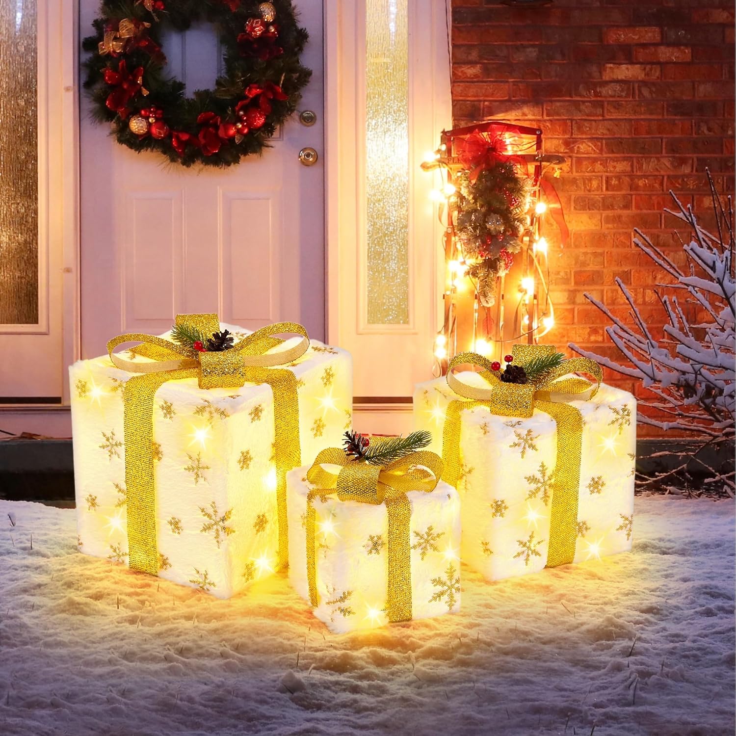 Set of 3 Christmas Lighted Gift Boxes, Plush Pre-lit 70 LED Light Up Present Boxes with Gold Snowflake, Battery Operated Christmas Decorations for Indoor Home, Housen Solutions