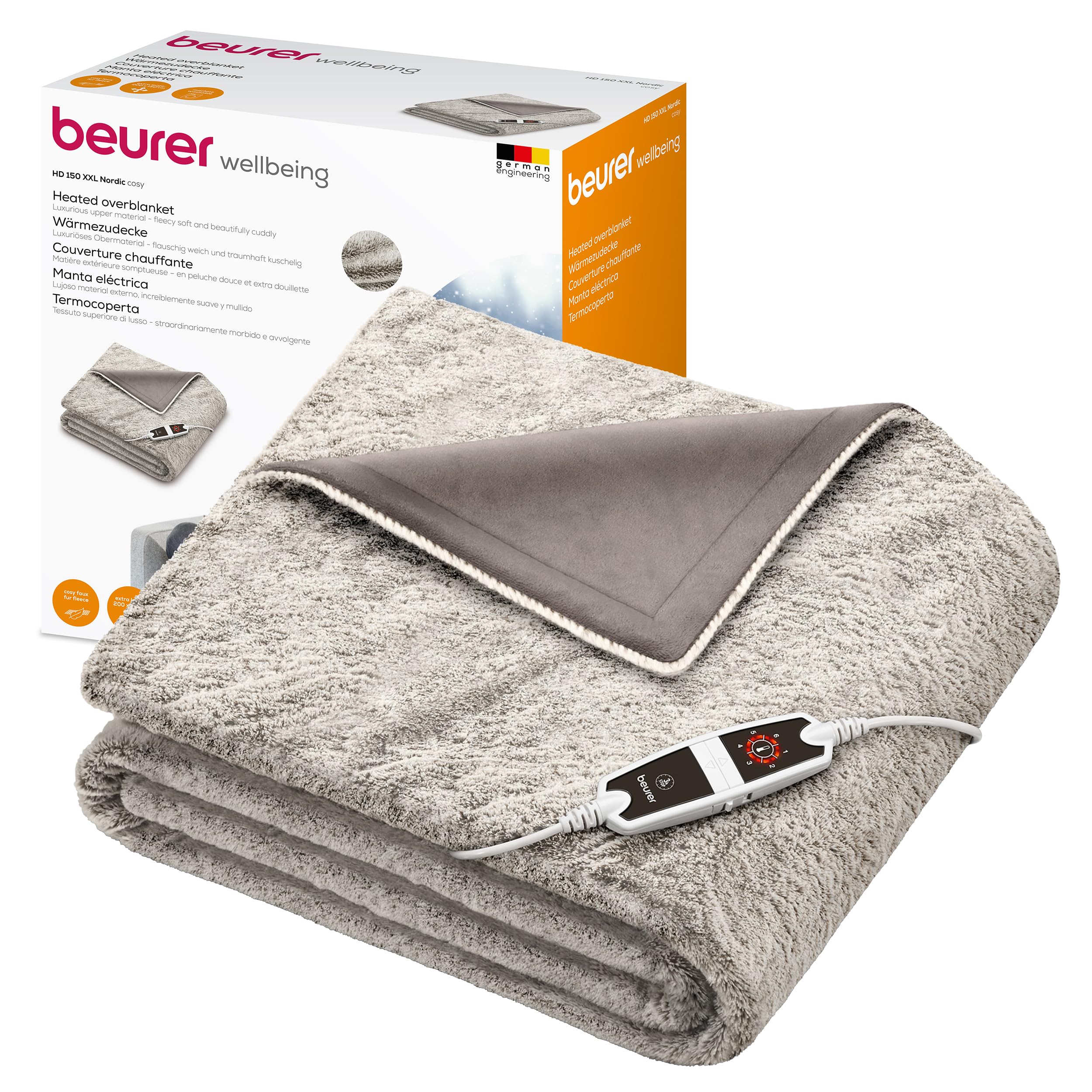 Beurer HD 150 XXL Nordic Termocoperta elettrica, con spegnimento automatico di sicurezza, 6 impostazioni di temperatura, lavabile in lavatrice, confortevole e in morbida pelliccia, 200 x 150 cm