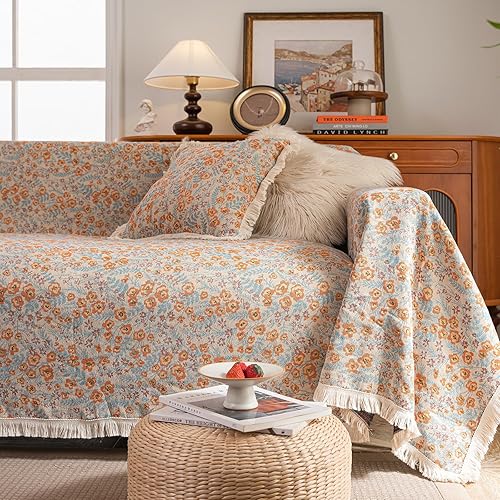 Miniatura 11 de vctops Fundas de sofá jacquard vintage para sofá seccional, patrón geométrico con flecos, protector de sofá para perros, loveseat futón funda en