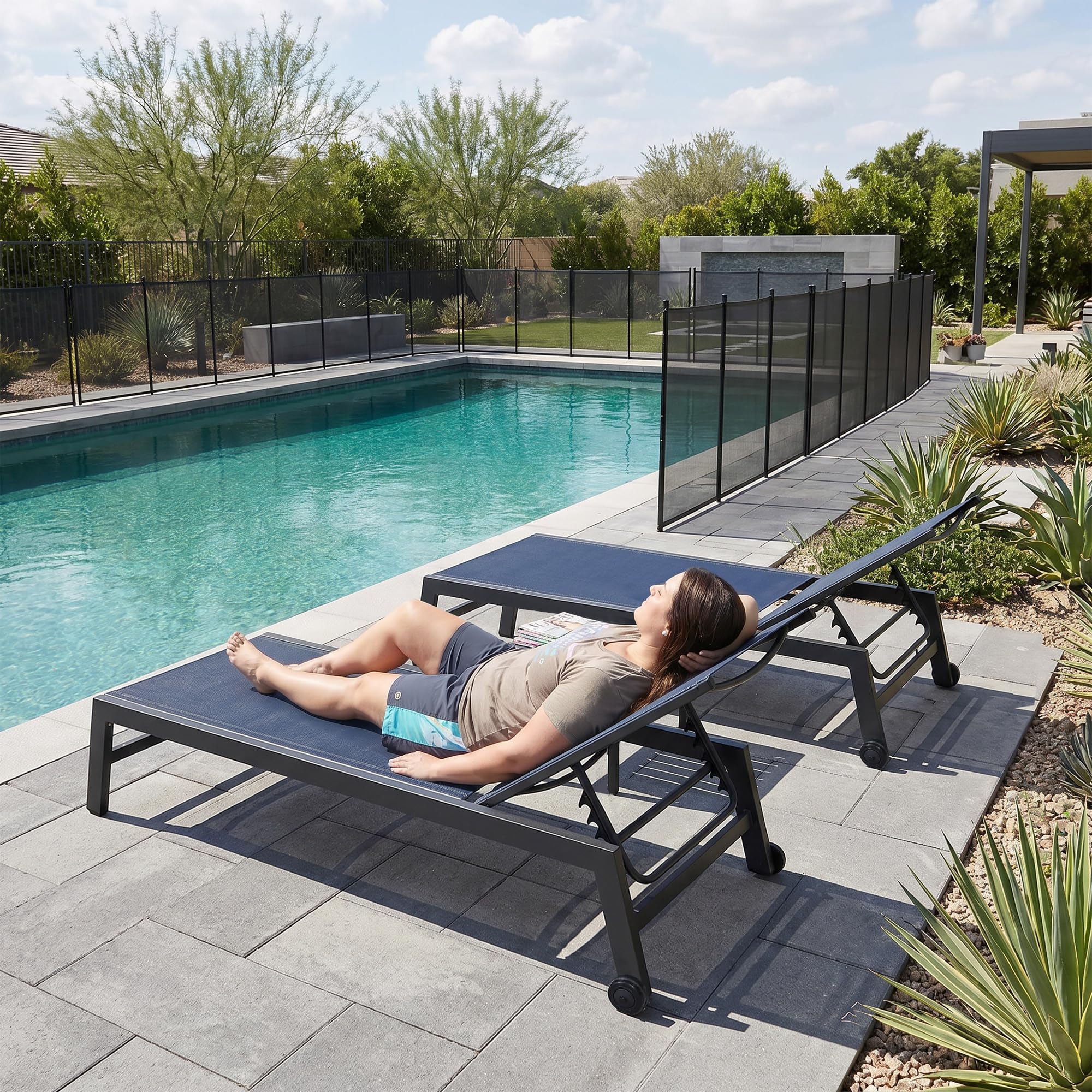 PURPLE LEAF Oversized Pool Lounge Chairs Set of 2, Textilene, Navy Blue