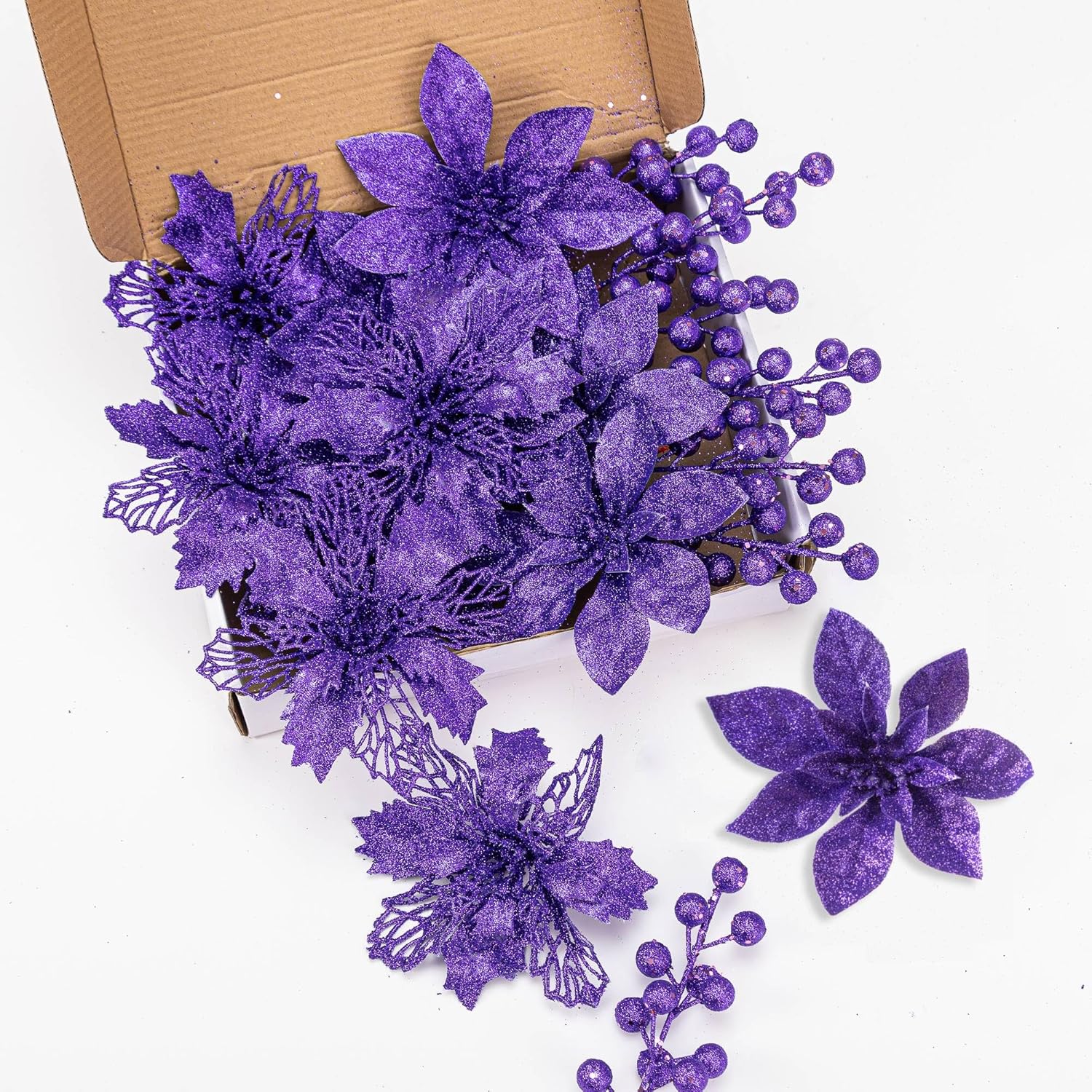 24Pcs Purple Glitter Poinsettia Tree Ornaments