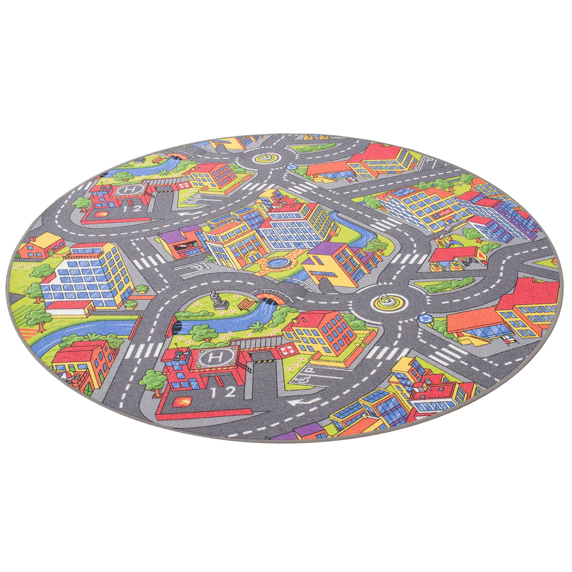Tapis De Jeu Enfant Little Town 3D Rond - Motif Ville En Gris - 4 Tailles Disponibles