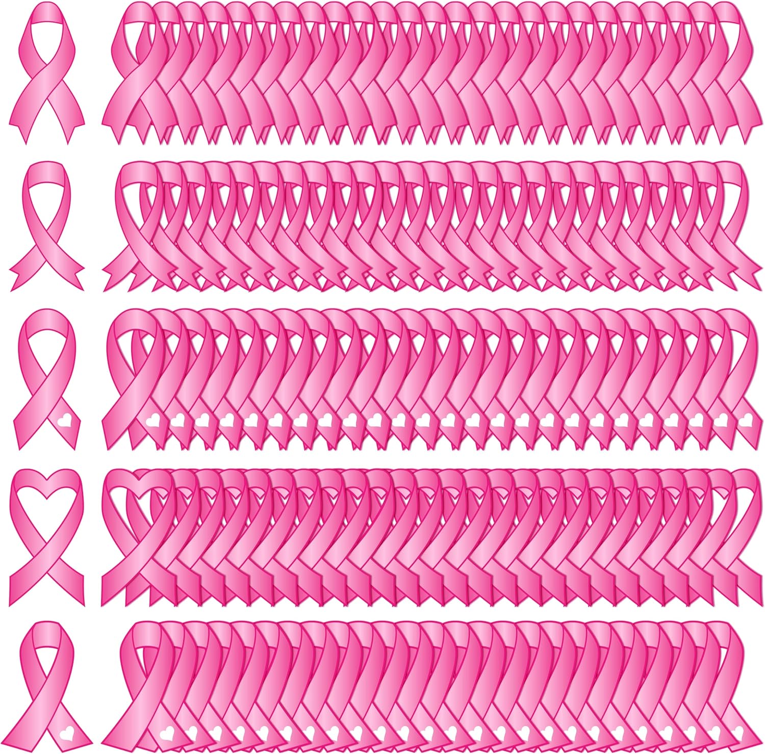 130PCS Pink Ribbon Breast Cancer Awareness Cutouts Decorations Mental Health Heart Disease Paper Ribbons Accessories for Women Men, 5 Styles