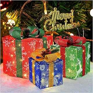 AMZXMAS 3 PCS Outdoor Indoor Christmas Decorations Christmas Lighted Gift Boxes Décor,Pre-lit 65 LED Lights Up Christmas Tree Skirt Ornament with Bows, for Holiday Party Christmas Home Yard (A1)