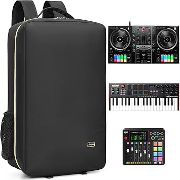 Rabjen DJ Backpack for Club Gig DJ Mixer Case for Pioneer DJ DDJ-REV1 DJ Controller Novation Launchkey 37 Key Keyboard and More Devices, black 1.0-gold zipper 1.0, Music