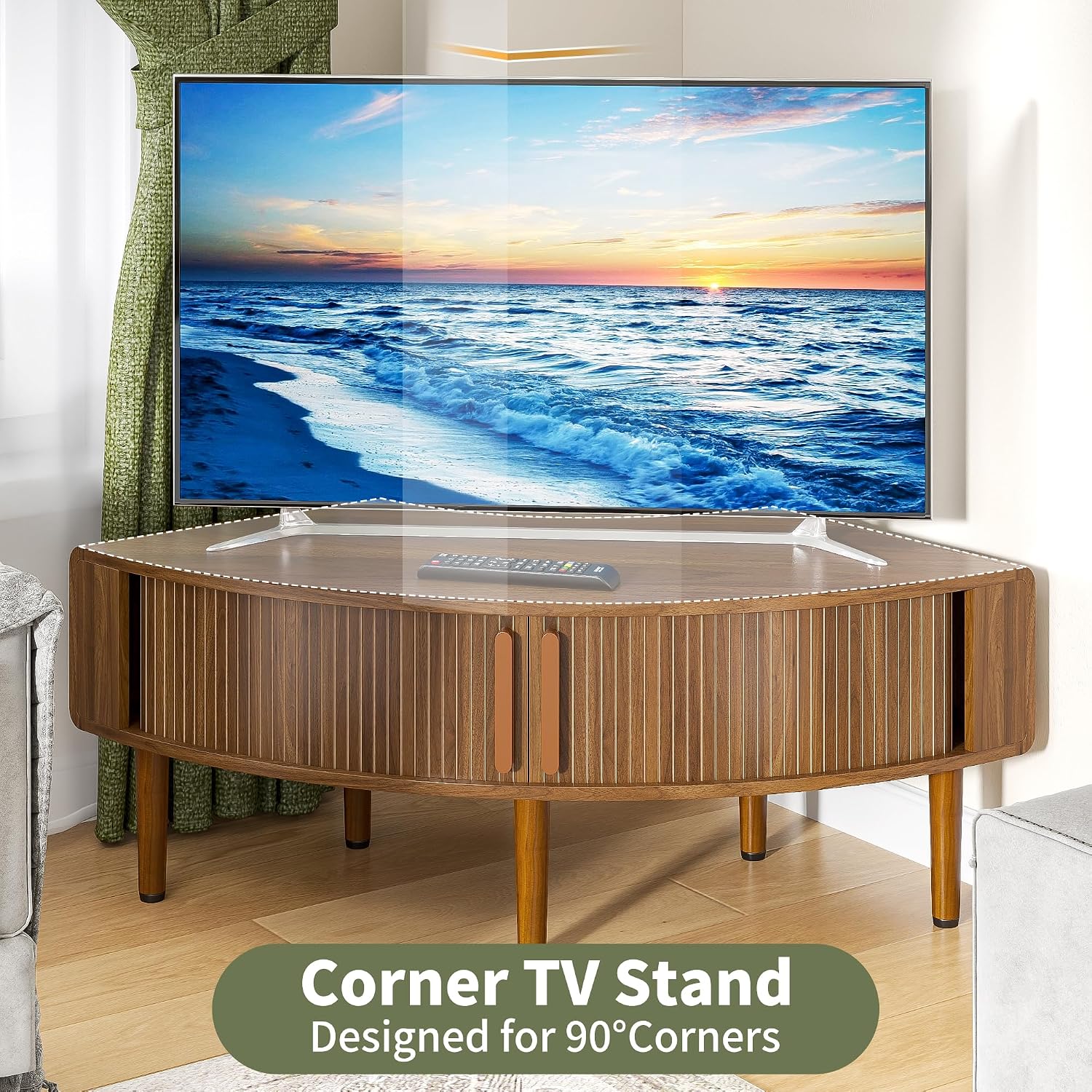 Curved Corner TV Stand, Mid-Century Modern Wooden Television Console with Storage Cabinet, Space-Saving Corner Media Stand for Living Room, Bedroom, Apartment, Walnut