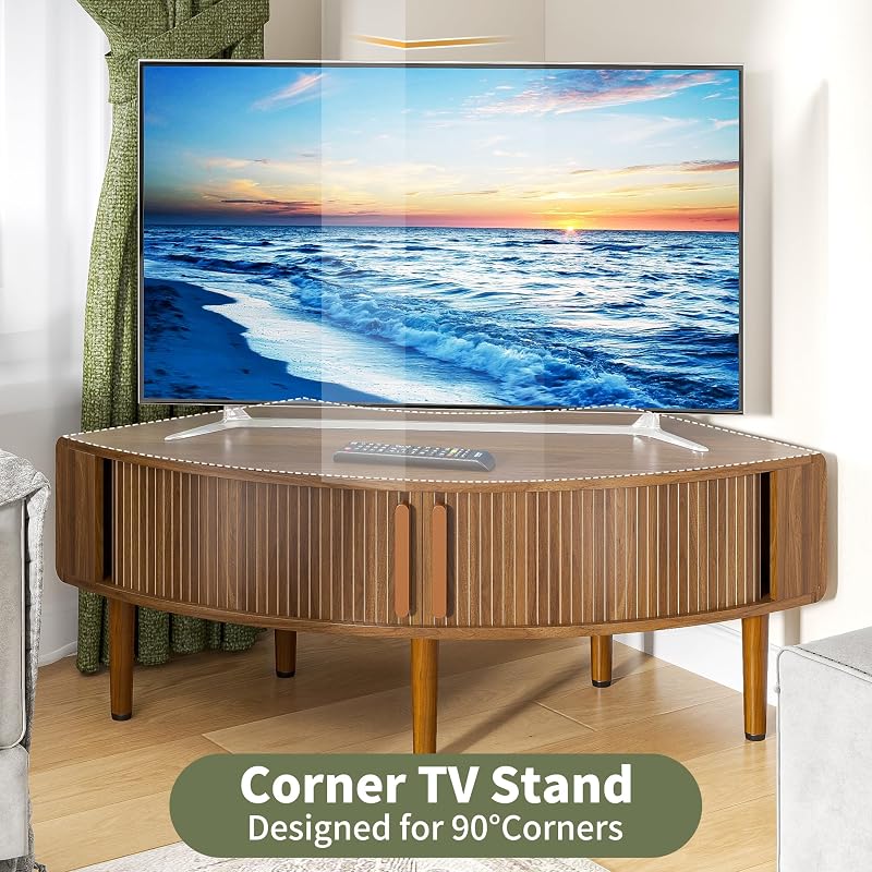 44 Inch Curved Corner TV Stand for Ups to 40" TVS, Walnut image 2