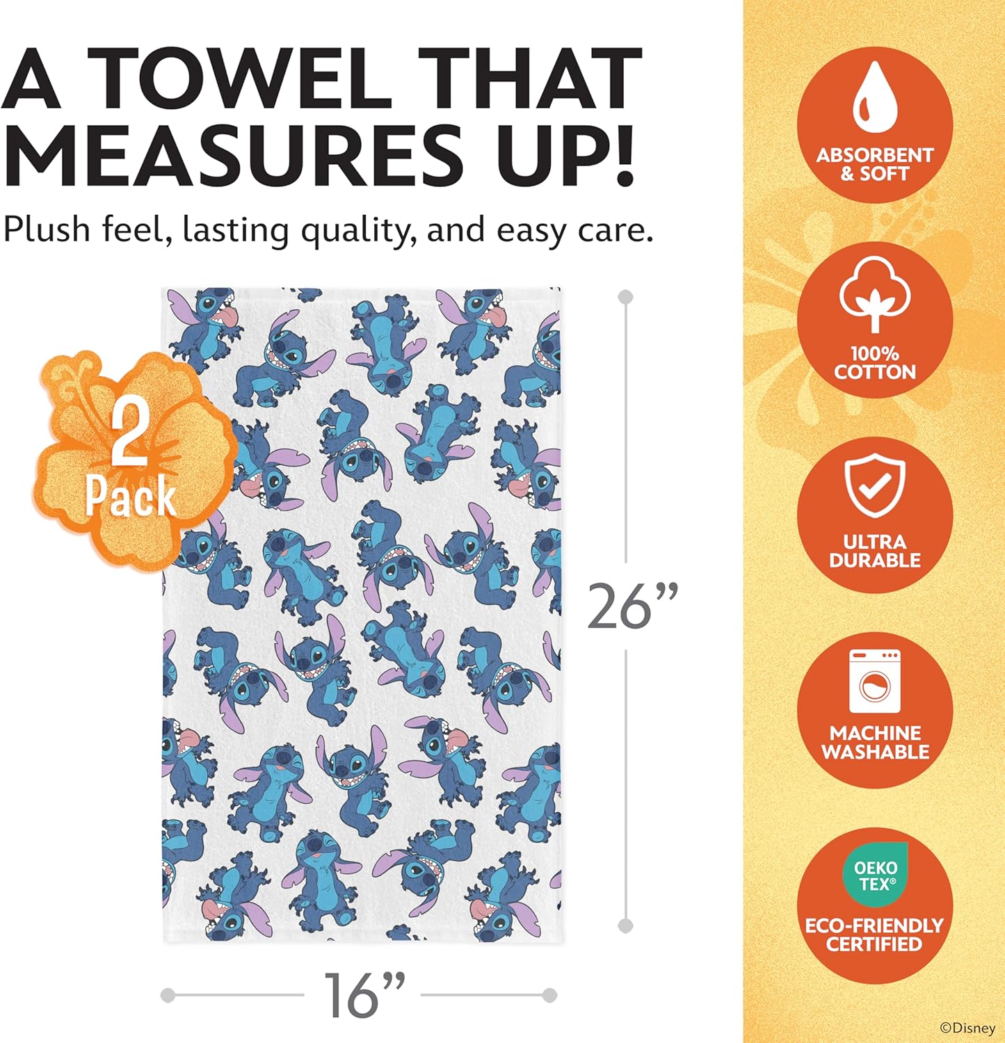 Disney Kitchen Towels – 2-Pack 100% Cotton Kitchen Towels Set – 16" x 26" Soft & Absorbent Dish Towels for Kitchen – Mickey, Minnie & Stitch Designs – Durable, Machine Washable, Everyday Use