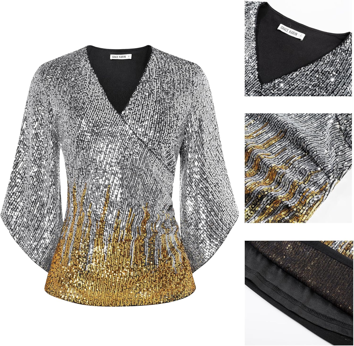 GRACE KARIN Womens Sparkly Sequin Tops,3/4 Sleeve Glitter Party Dressy Blouse,V-Neck Disco Evening Club Concert Shirt - Image 5