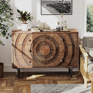 Aoikax Farmhouse 6-Drawer Dresser, Accent Wooden Chest of Drawers with Circle Pattern and Radioactive Wood Lines,Accent Storage Dresser for Living Room, Bedroom, Brown