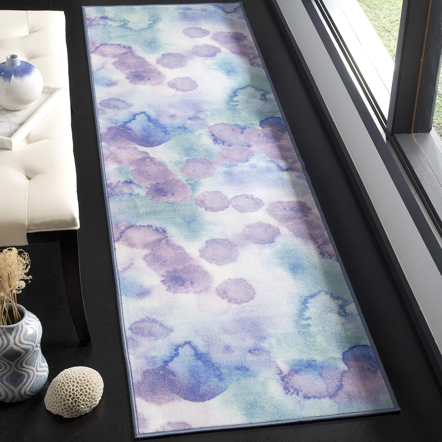 SAFAVIEH Washable Rug Paint Brush Collection - 2'2" x 10' Runner, Blue & Lavender, Slip Resistant & Easy to Clean, Ideal for Living Room, Hallway, Foyer, Nursery, Bedroom, Kids Room (PTB120C)