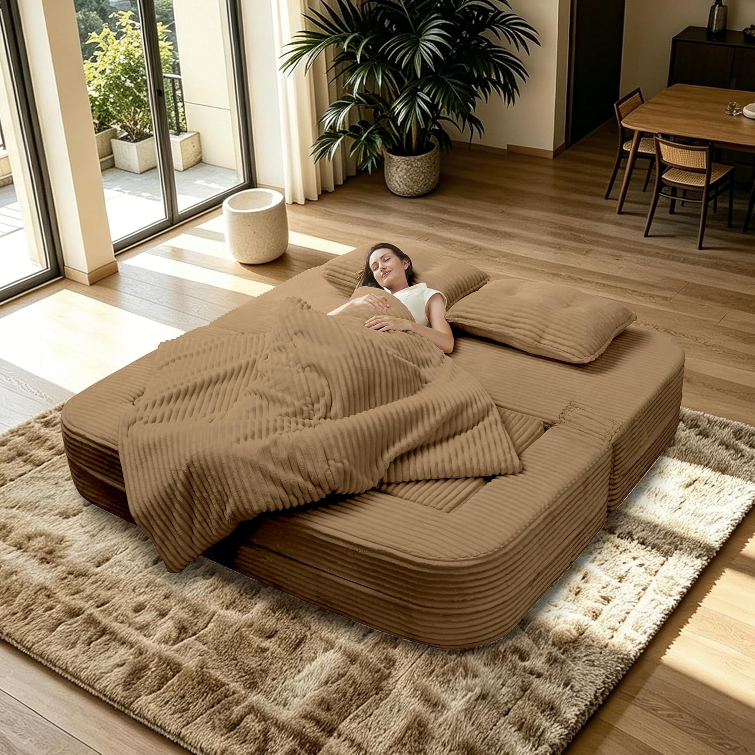 A person sleeping comfortably on the Polibi Convertible Sofa Bed in its bed configuration.