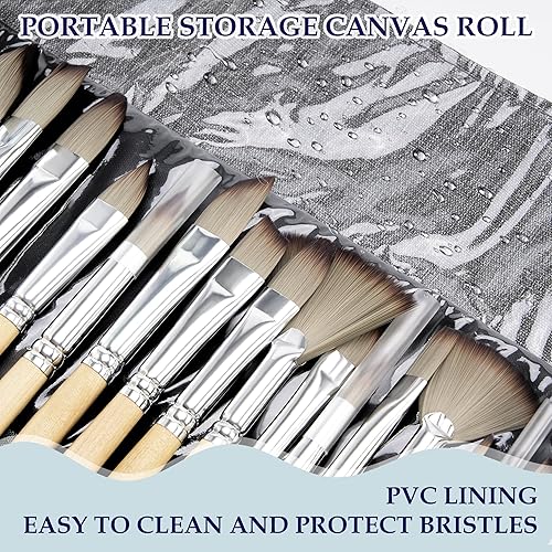 Miniatura 5 de Juego de pinceles de pintura al óleo, 25 pinceles profesionales para pintura de lienzo con cerdas mejoradas con mango natural, incluye cuchillo de